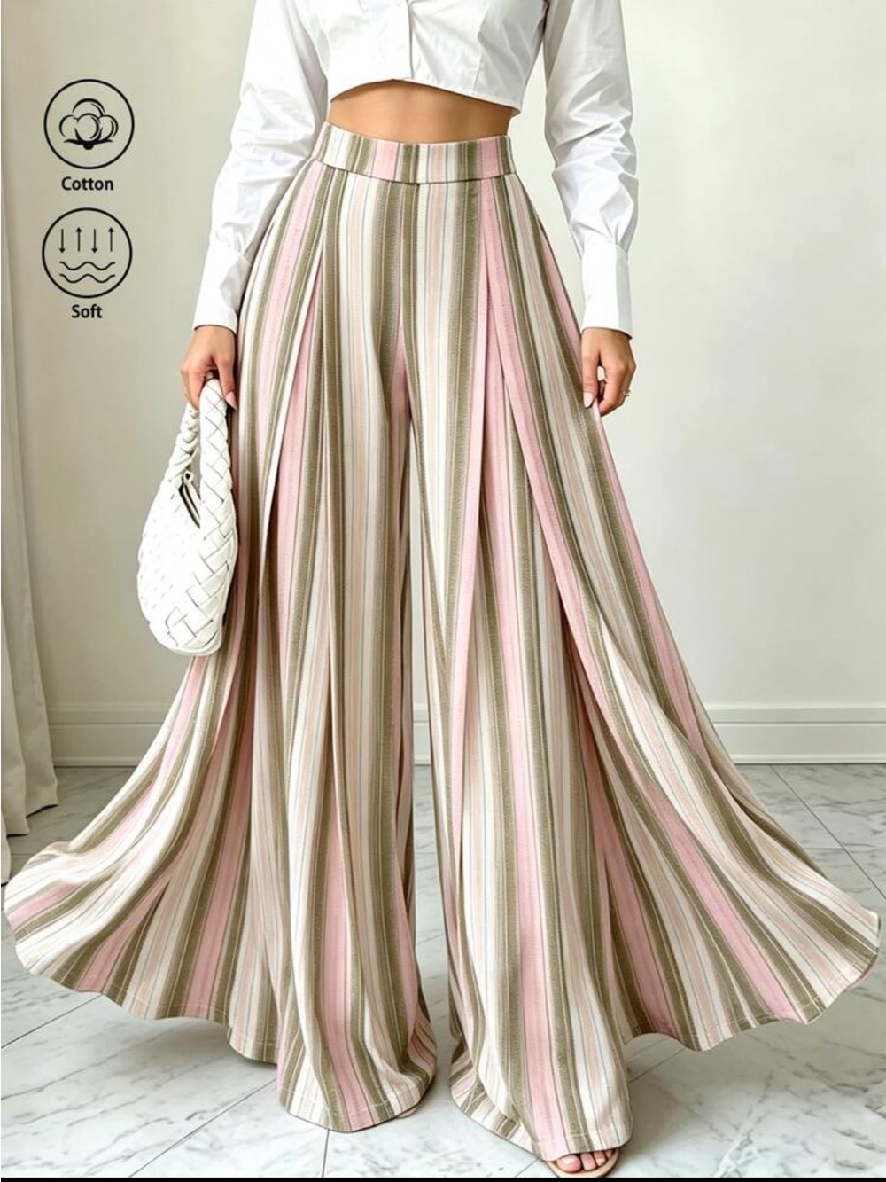 Boho Stripe Pleated High Waist Palazzo Wide Leg Pants